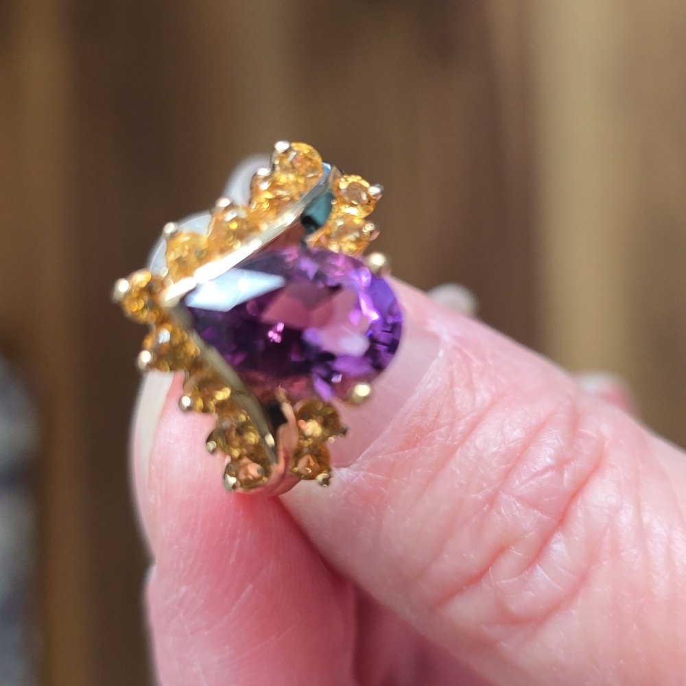 3xHOST PICK Very Vintage Elegant 10k Gold Amethyst Teardrop & Citrine Ring. Sz 8 - Picture 2 of 8